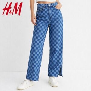 H&M - Checkerboard Straight Leg Jeans - Blue - Size: 0